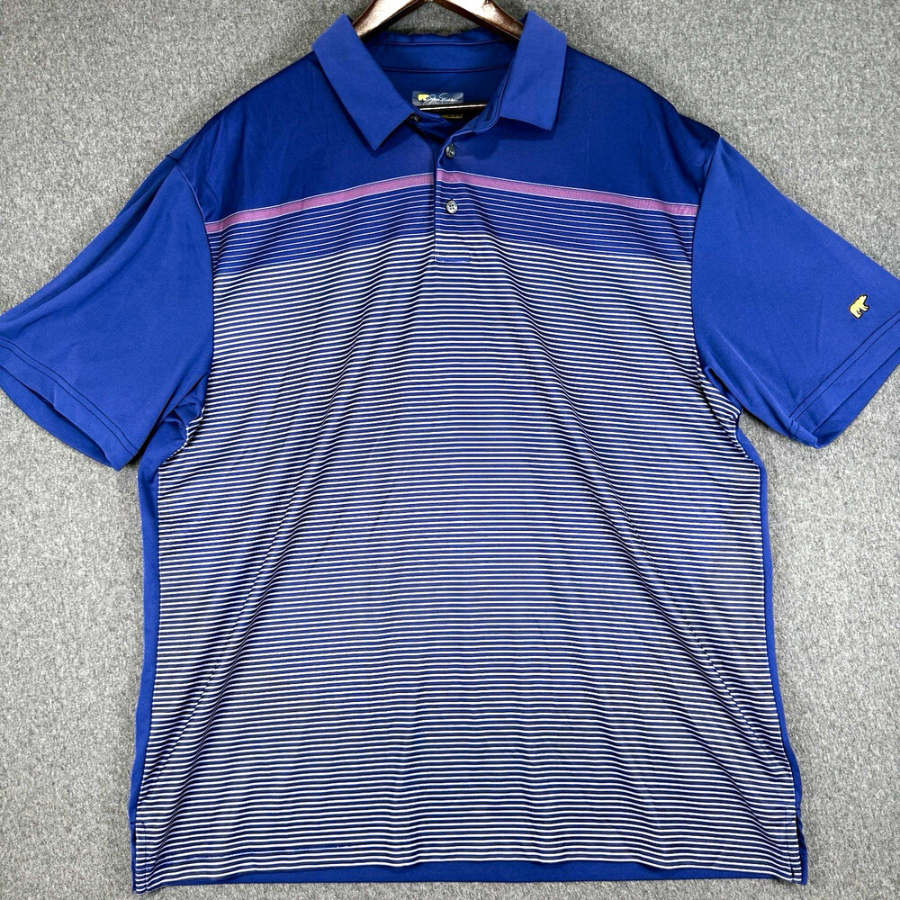 Jack Nicklaus Mens XL Blue Striped Golf Polo Shirt Short Sleeve Golden Bear Logo